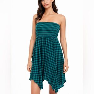 Torrid punk Green & Black Gingham plaid Midi Gauze Hanky Hem Strapless Dress
